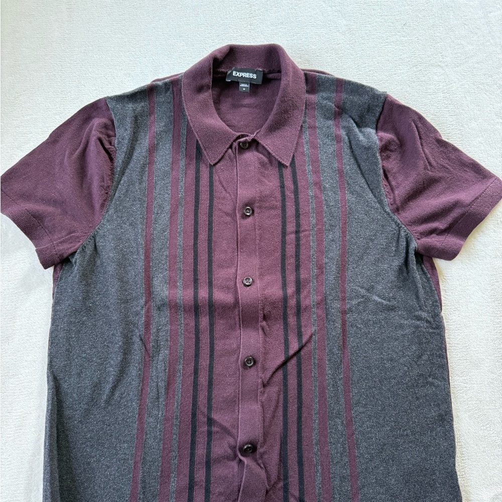 Express Men's Burgundy and Charcoal Striped Shirt